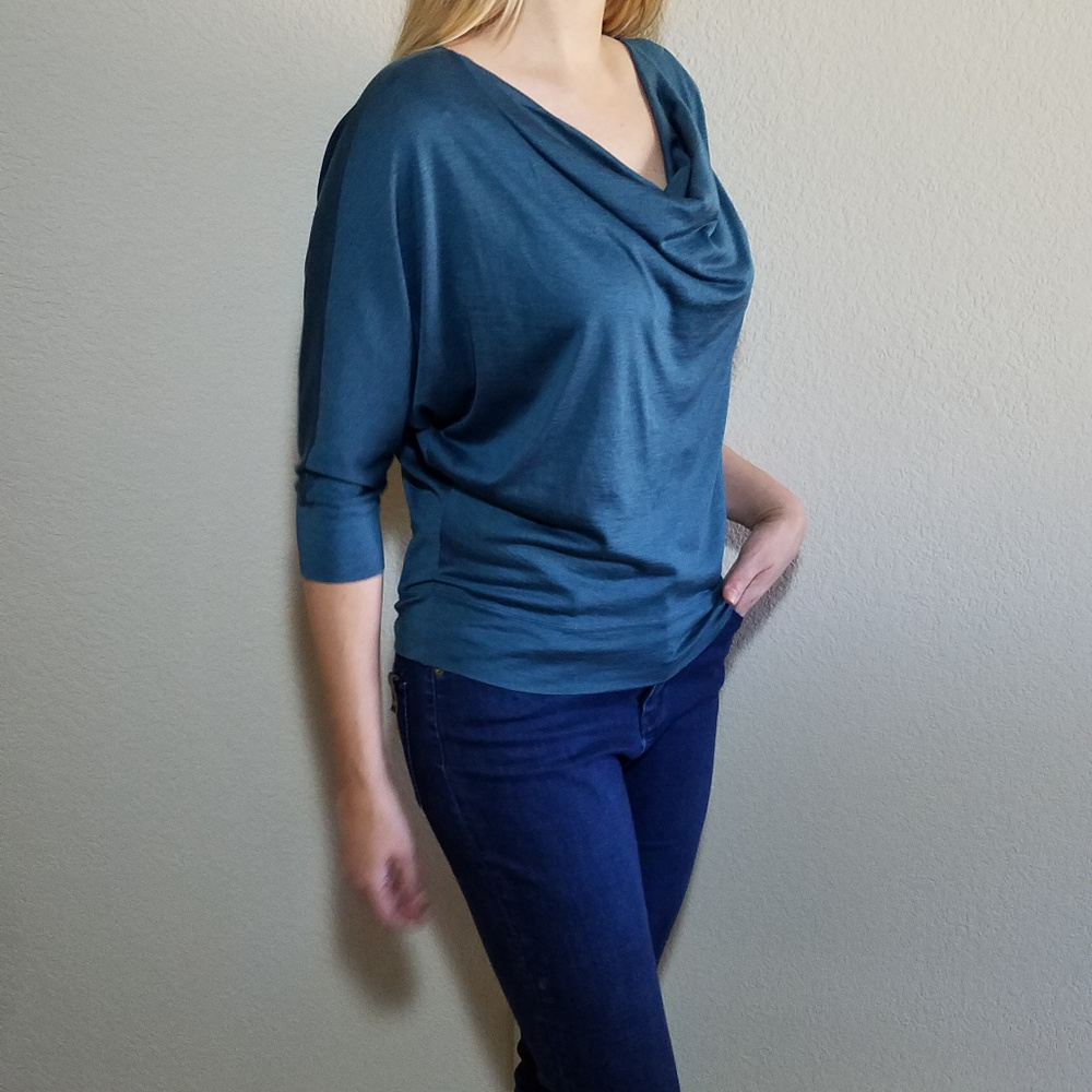 Eileen Fisher Silk Blue Top Cowl Neck 3/4 Sleeve Cotton Women's Teal Blouse XS - Picture 4 of 6